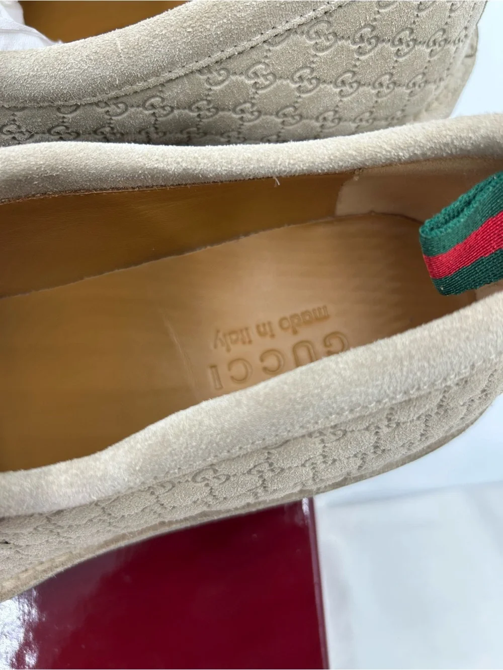 Men's Gucci, GG monogram web loafers size 10 fits 10.5  US made in Italy